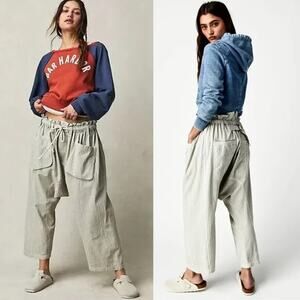 NEW Free People Runyon Oversized Stripe Pant Paperbag Tie Waist Small Blue Harem